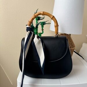 a new day Black Satchel with Bamboo Top Handle and Striped Scarf